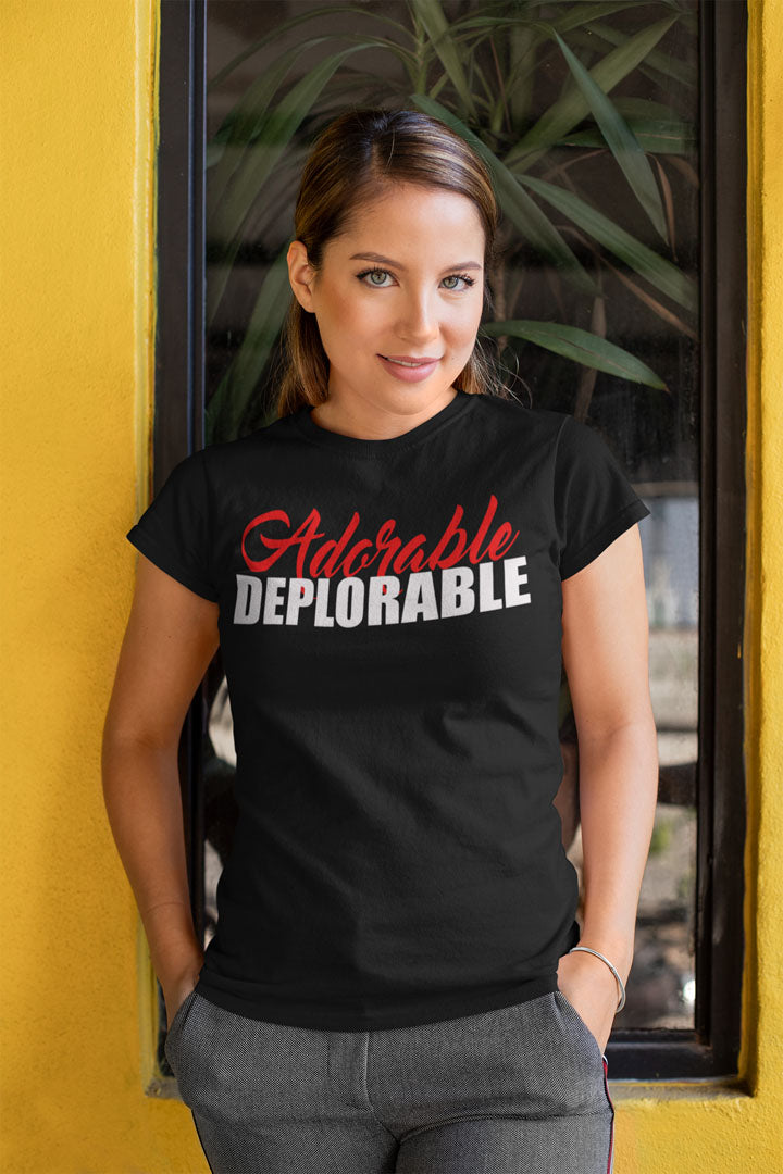 Woman wearing shirt with 'Adorable Deplorable Funny Graphic Design' print, showcasing bold and comedic statement apparel.
