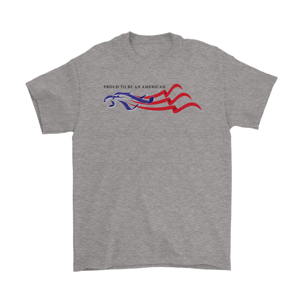 Gray t-shirt featuring Proud To Be An American Eagle Flag design with bold patriotic graphics and colors