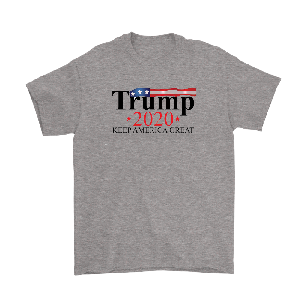 Keep America Great 2020 Twill Cap for Trump design on a gray t-shirt featuring patriotic colors.
