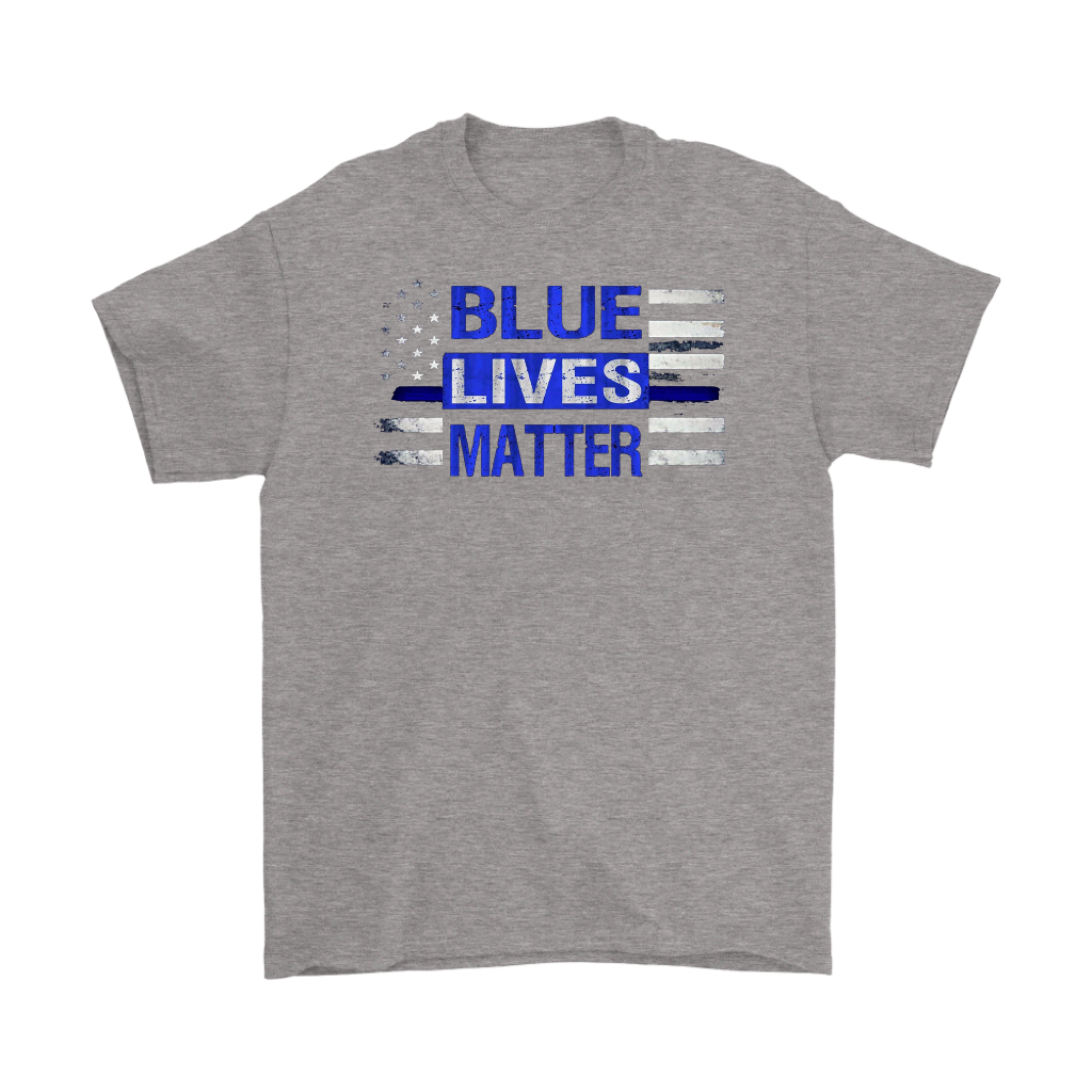 Blue Lives Matter American Flag Patriotic Graphic Tee in gray color with a bold statement supporting law enforcement officers.