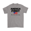 T-shirt with "America First Make America Great Again" and a flag design, promoting conservative values.