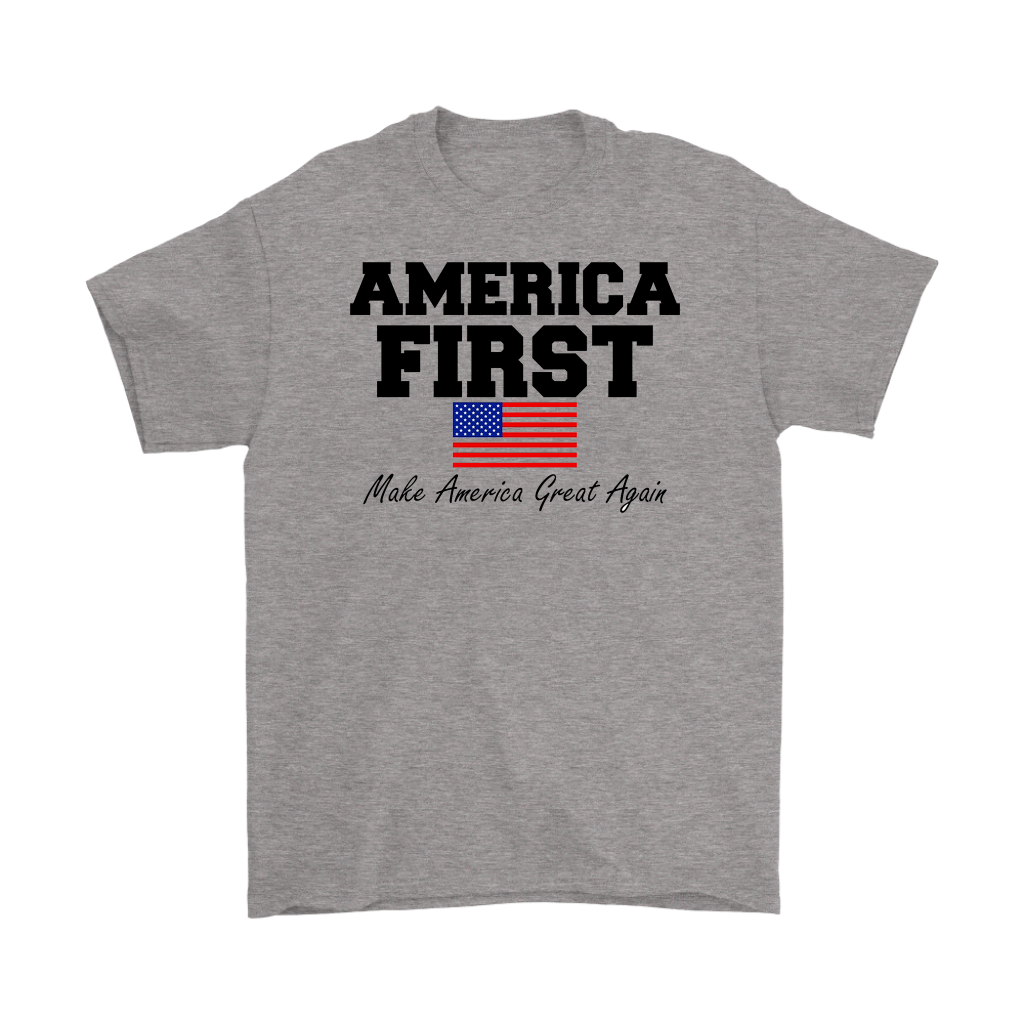 T-shirt with "America First Make America Great Again" and a flag design, promoting conservative values.