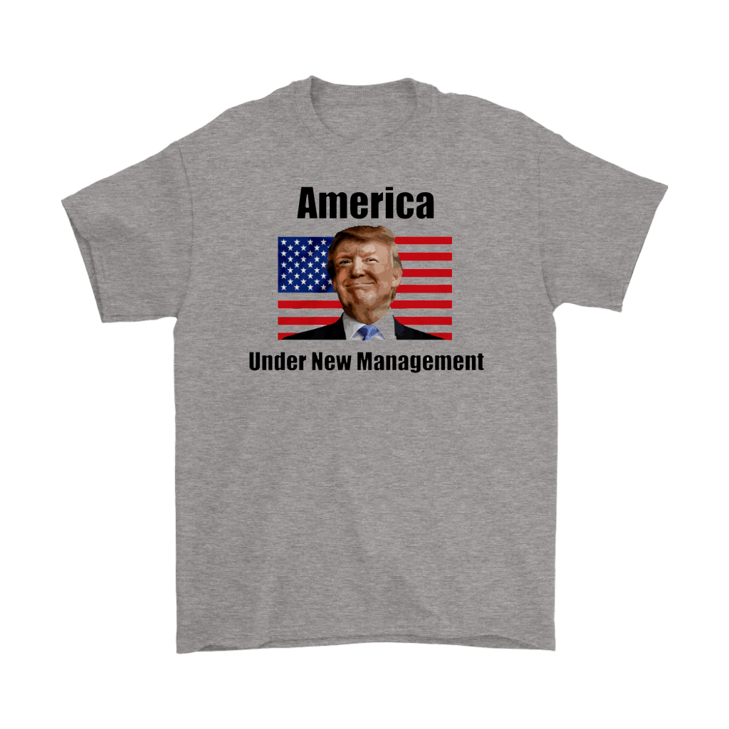 America Under New Management Flag Featuring Trump t-shirt with flag and portrait on gray fabric.