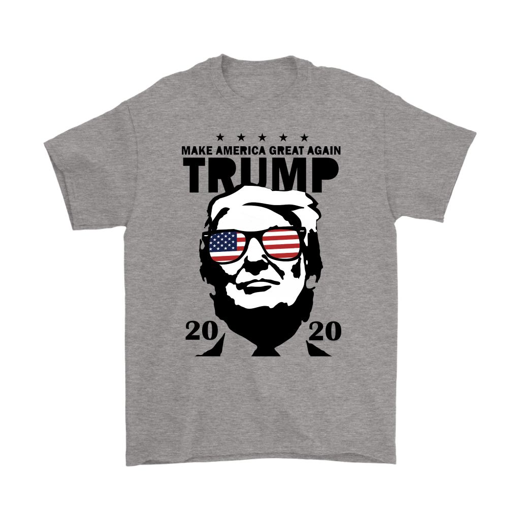 Make America Great Again Trump 2020 t-shirt featuring Trump in patriotic sunglasses with campaign graphics.