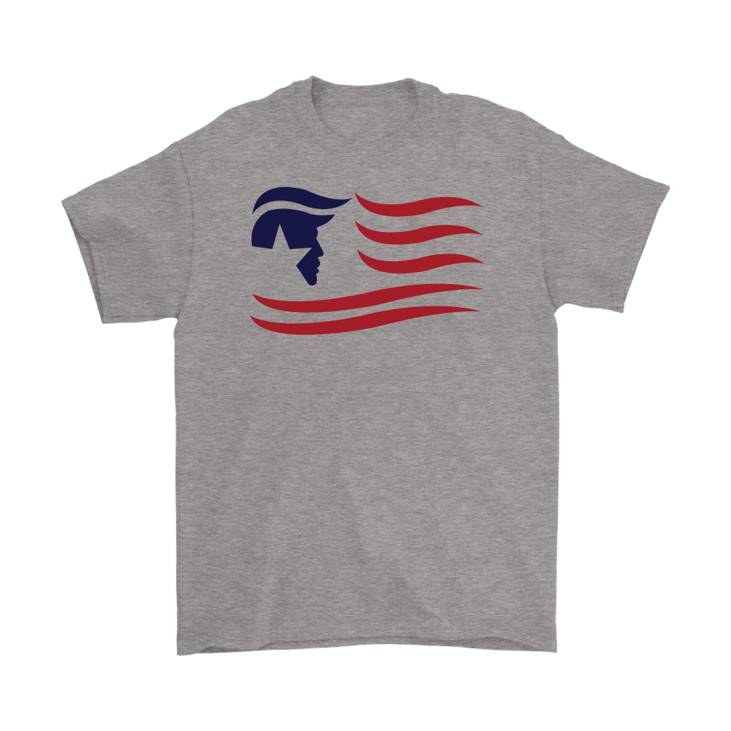 Gray t-shirt featuring Trump Silhouette As American Flag design with bold red and blue details.