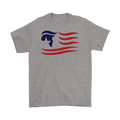 Gray t-shirt featuring Trump Silhouette As American Flag design with bold red and blue details.