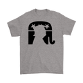 Gray t-shirt featuring Trump Silhouette On GOP Symbol design with bold political statement.