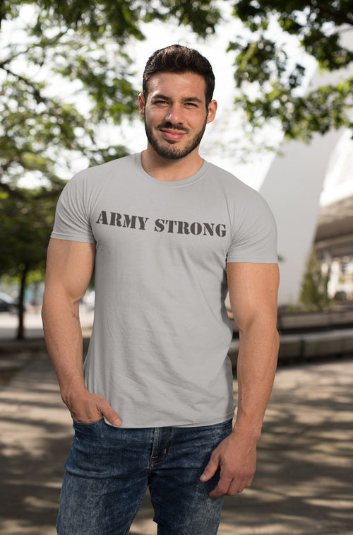 Man wearing 'Army Strong' t-shirt outdoors, America First National Legacy Art