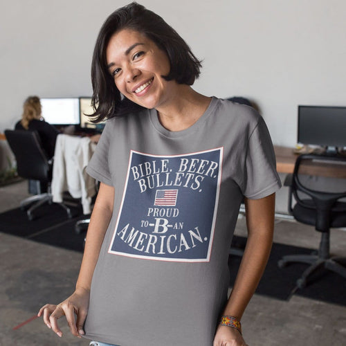 Woman wearing Americana Icon Bold Graphic Shirt supporting conservative message
