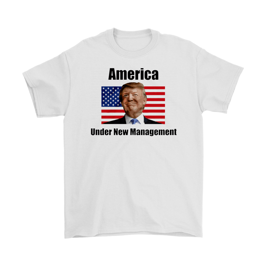 America Under New Management Flag Featuring Trump t-shirt with American flag and portrait, political message apparel.
