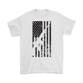 White T-shirt featuring American Flag With AR-15 Silhouette design, patriotic apparel for events, rallies, and casual wear.