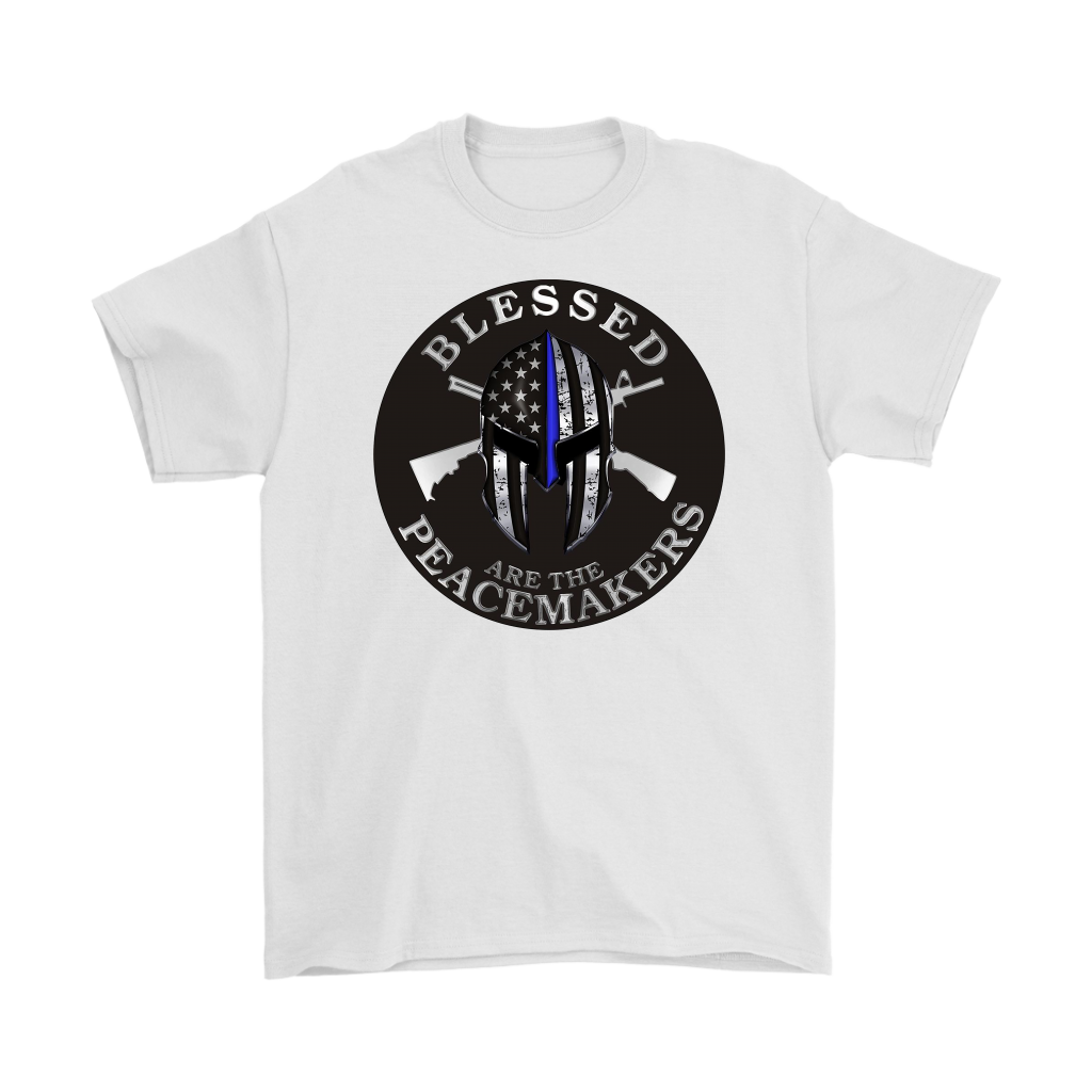 Blessed Are The Peacemakers Punisher AR-15s t-shirt with logo design featuring tactical gear and symbolic elements.