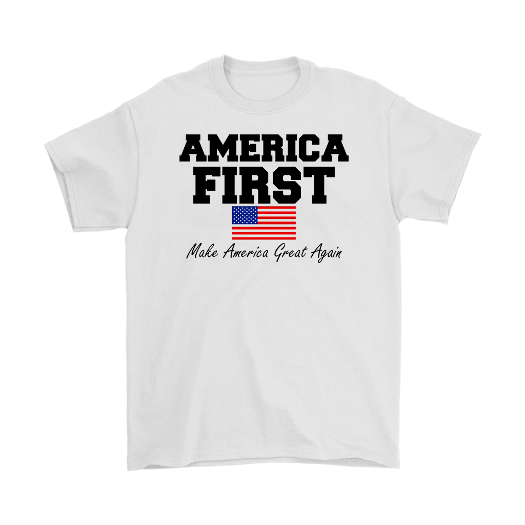 White t-shirt with 'America First Make America Great Again' text and American flag design.