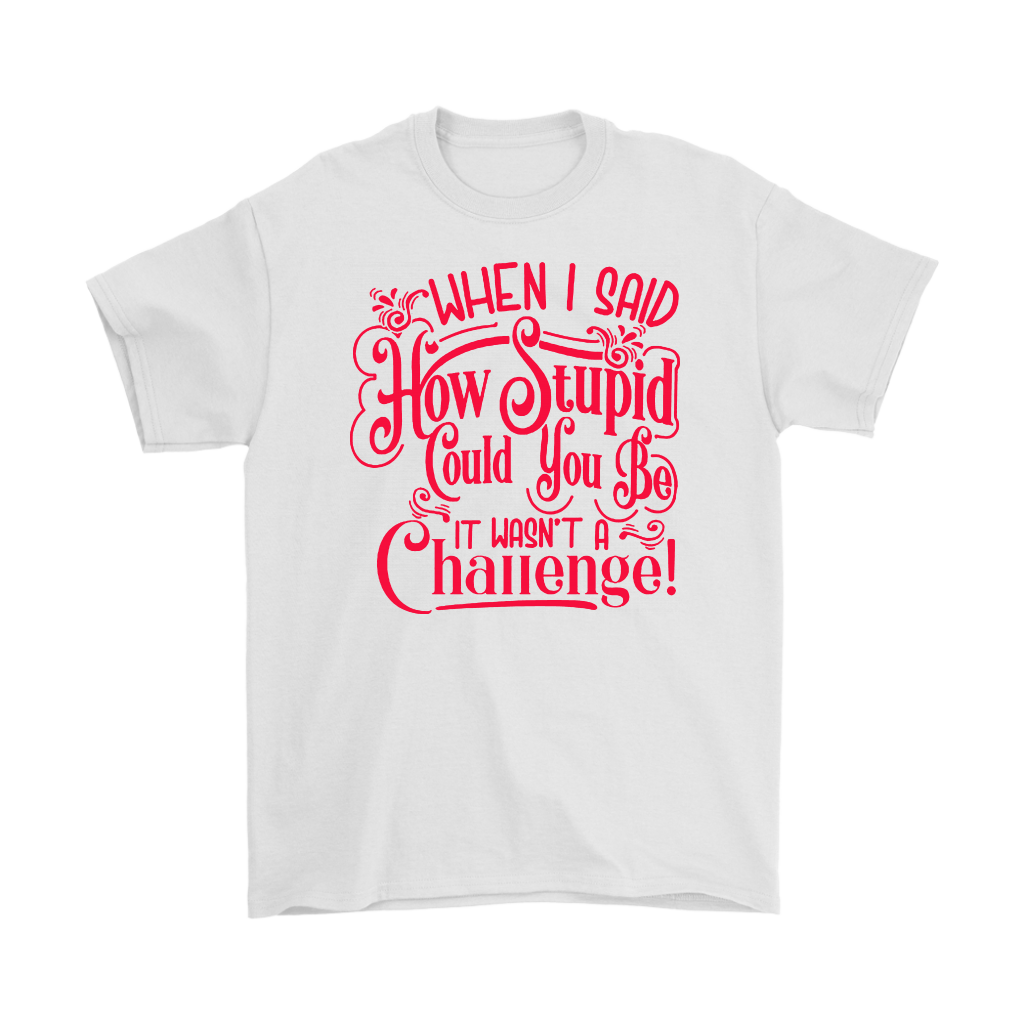 White t-shirt with red text saying 'When I Said How Stupid Could You Be It Wasn't A Challenge'
