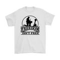Freedom Isn't Free Kneeling Soldier Tee featuring a silhouette of a soldier kneeling in tribute, printed on a white cotton shirt.