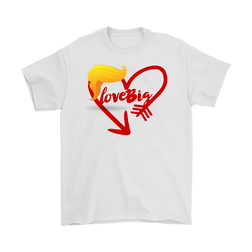 Love Big with Trump Hair Graphic Tee featuring red heart and iconic silhouette design.