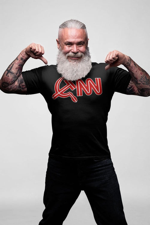 Man wearing CNN Logo As Hammer & Sickle Soviet Symbol t-shirt, showcasing satirical-political design for media skepticism.