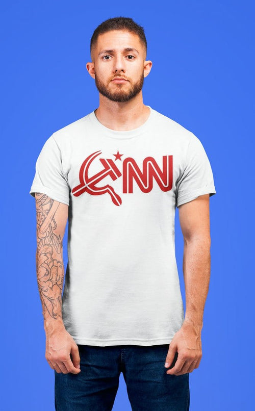 Man wearing t-shirt with CNN Logo As Hammer & Sickle Soviet Symbol design