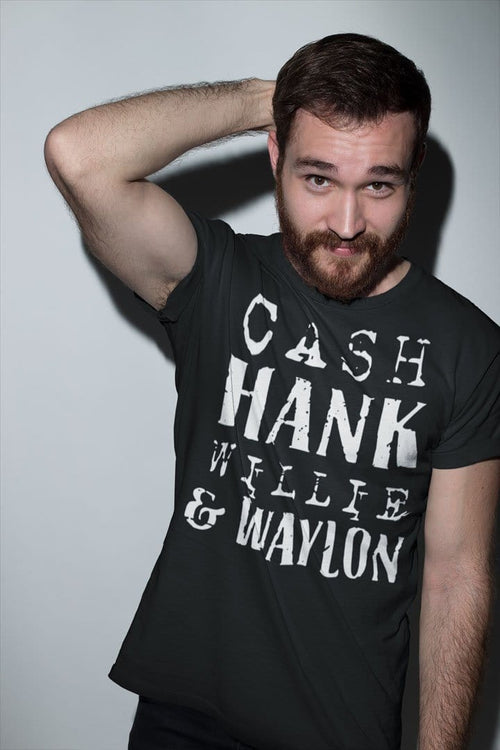 Man wearing Cash Hank Willie Waylon Legends Design t-shirt, showcasing outlaw-country music heritage.