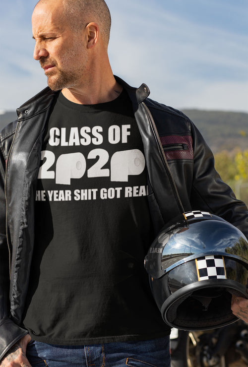 Man wearing Class Of 2020 The Year Shit Got Real t-shirt holding a helmet