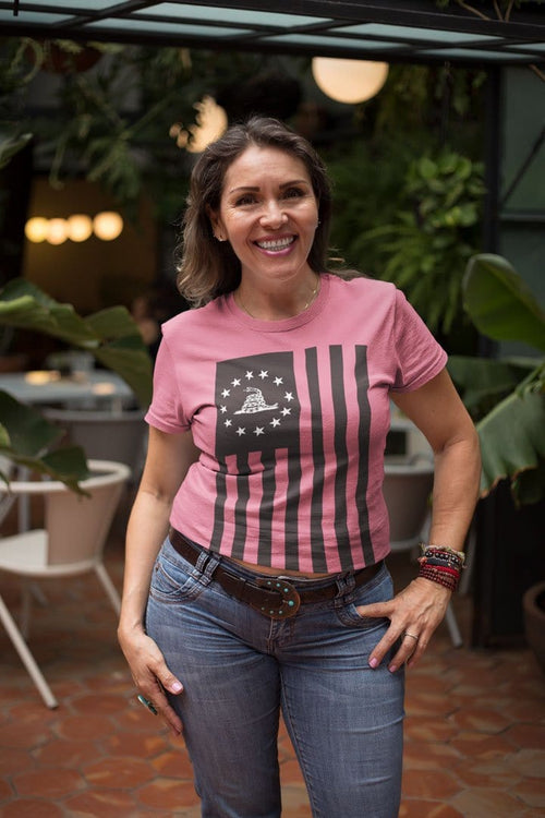 Woman wearing a t-shirt featuring Betsy Ross Flag With Don't Tread On Me Snake design
