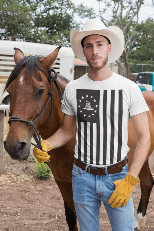 Man in cowboy hat with horse wearing Betsy Ross Flag With Don't Tread On Me Snake shirt