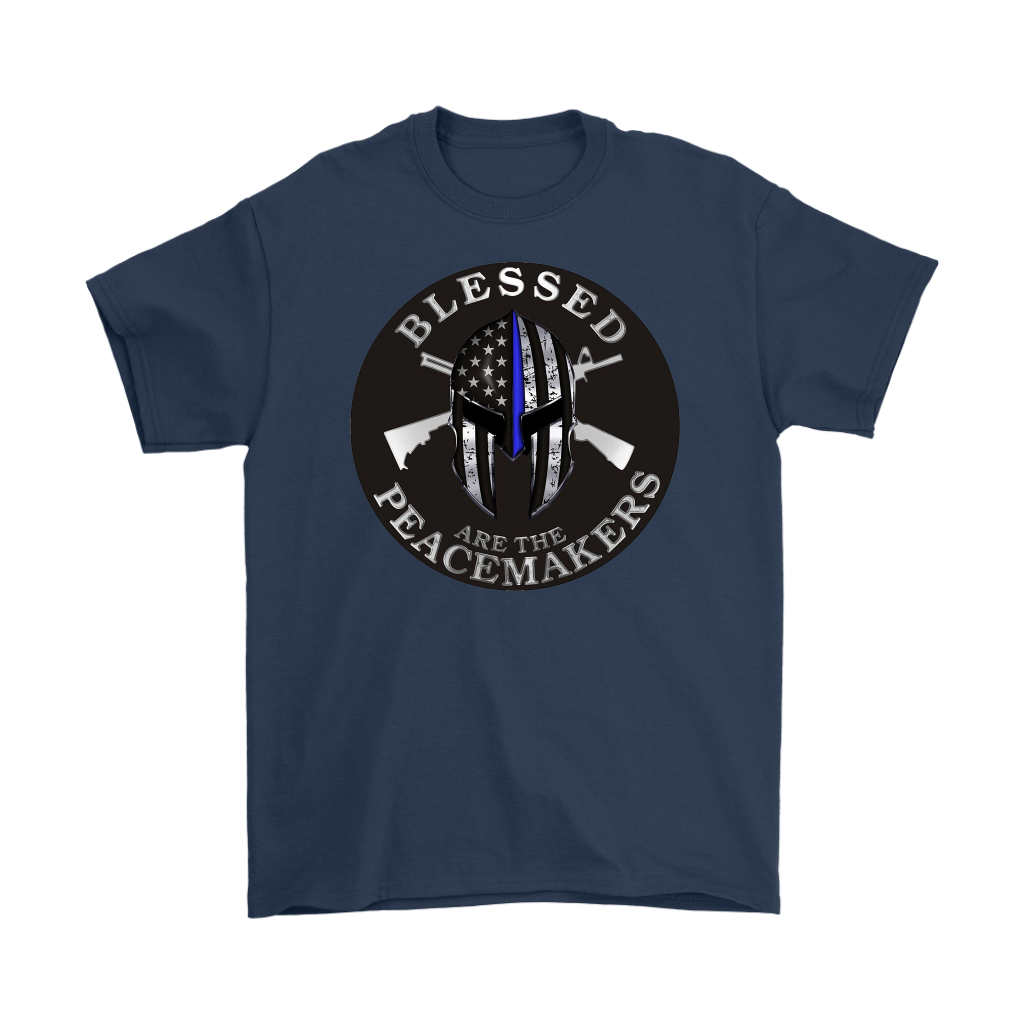 Blessed Are The Peacemakers Punisher AR-15s graphic t-shirt featuring a bold design with helmet and rifles symbol.