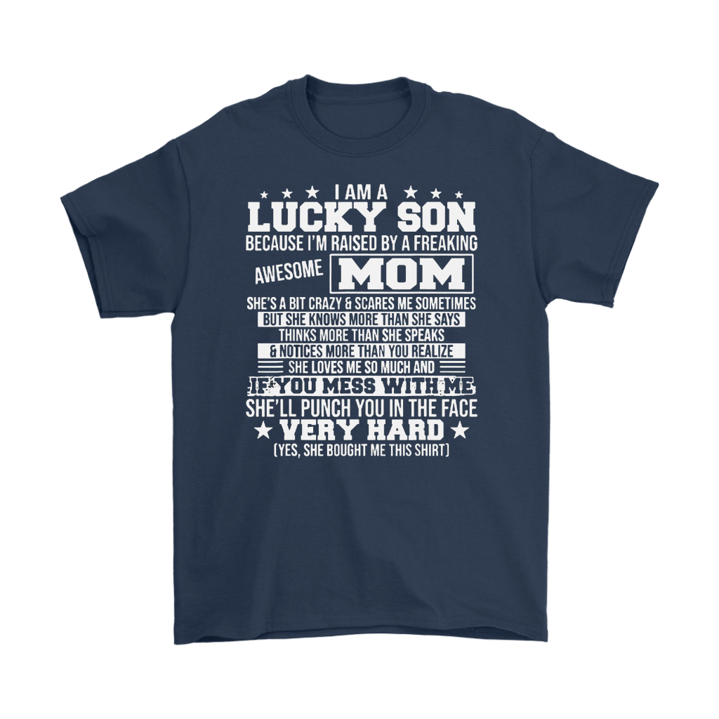 Raised by a Freaking Awesome Mom Shirt with bold white text on a navy blue background, expressing love and appreciation for a mother.