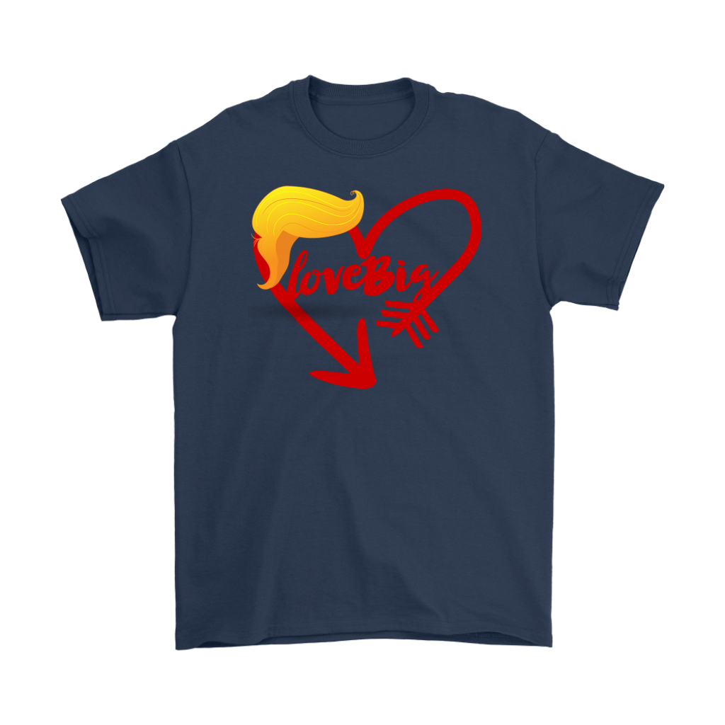 Love Big with Trump Hair Graphic Tee with heart and iconic hair design on navy fabric
