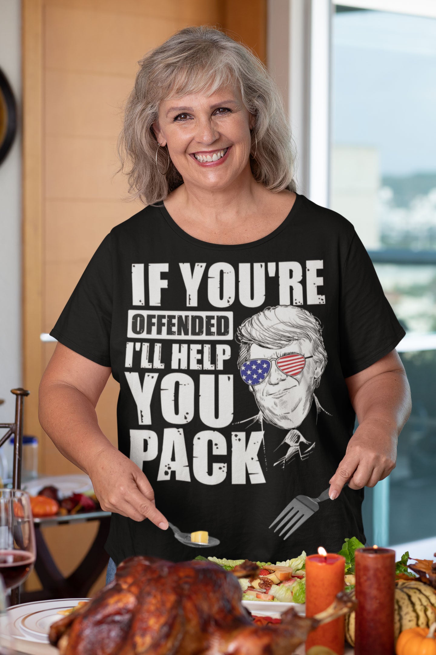 Woman wearing Patriotic Trump USA Sunglasses Design Shirt at dinner table.