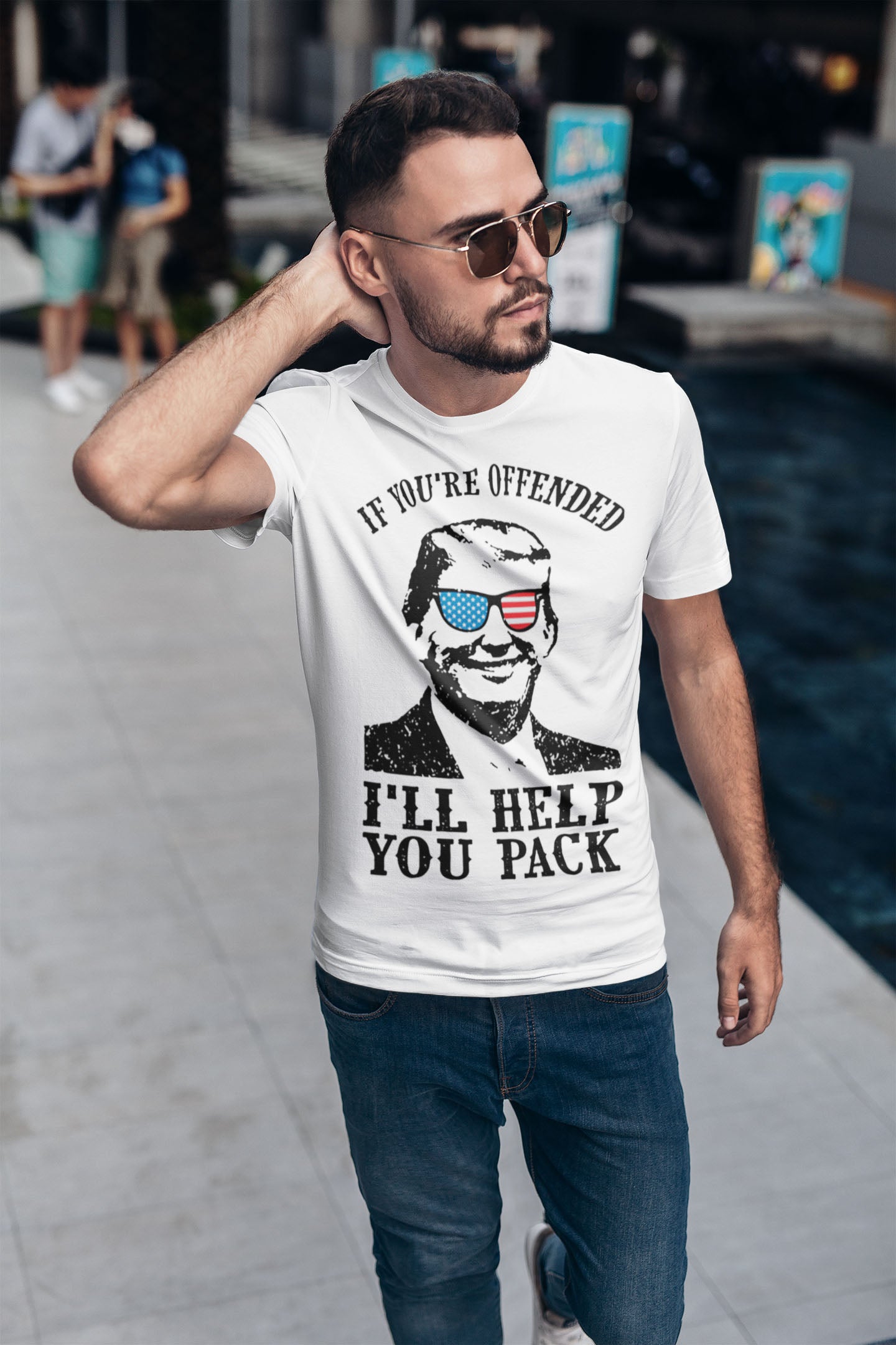 Man wearing Trump USA Glasses Patriotic Graphic Tee with political statement and American flag sunglasses design.