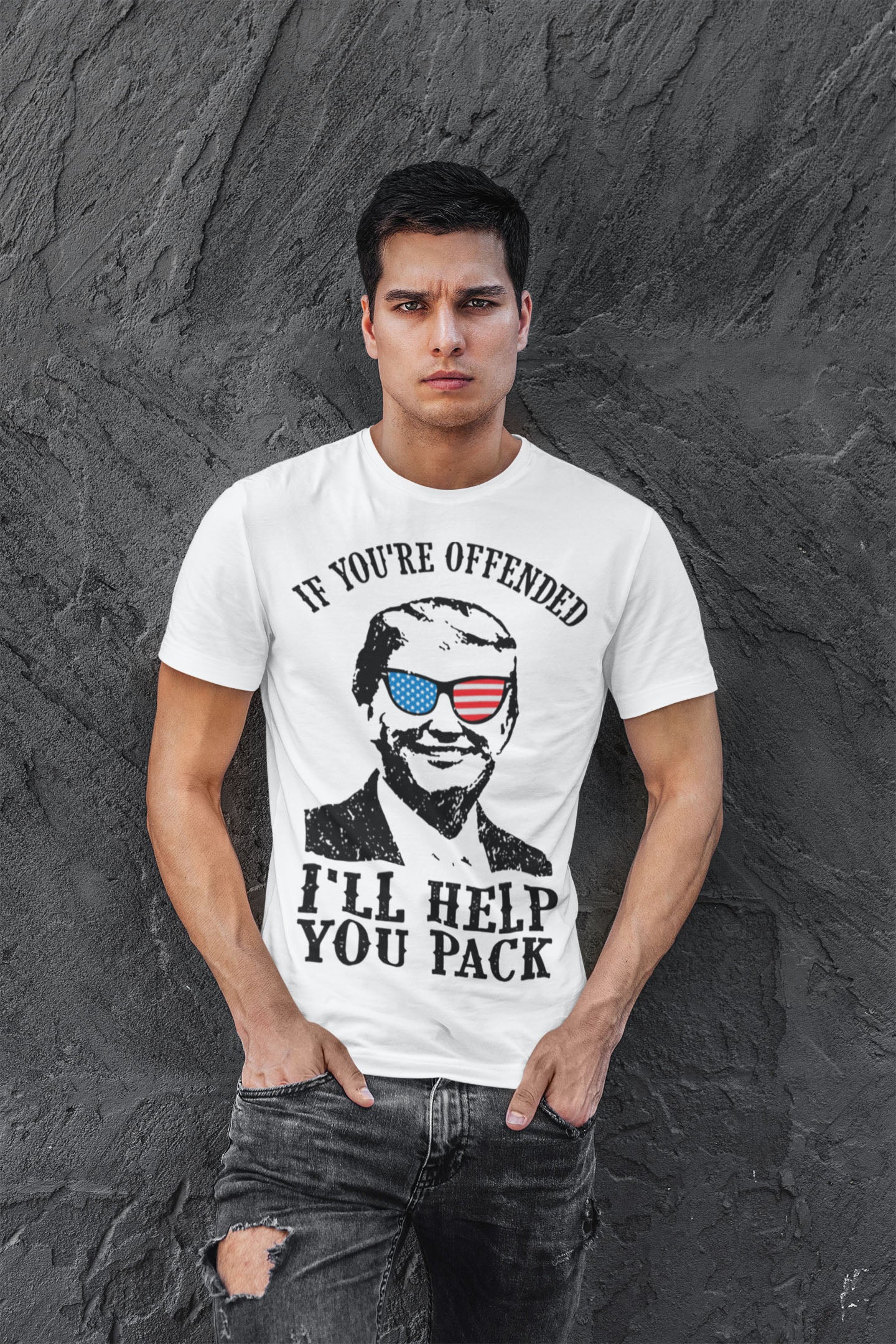 Trump USA Glasses Patriotic Graphic Tee with political design worn by a man.