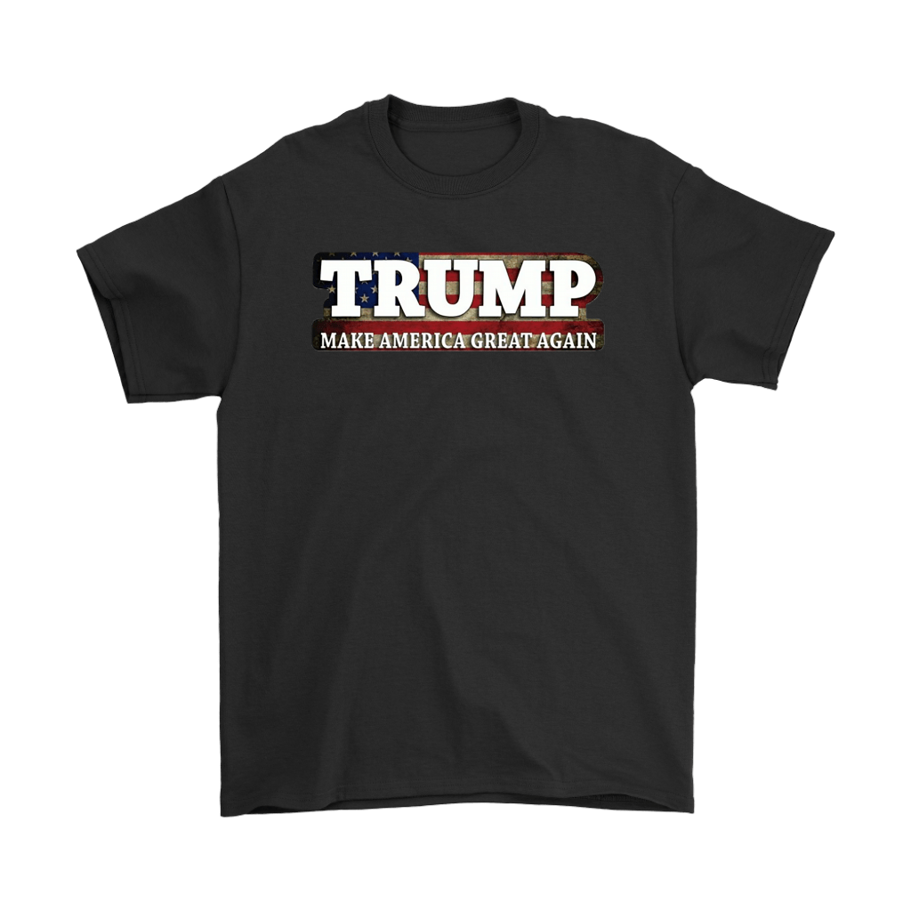Trump On American Flag Make America Great Again t-shirt black with bold print supporting political statement fashion