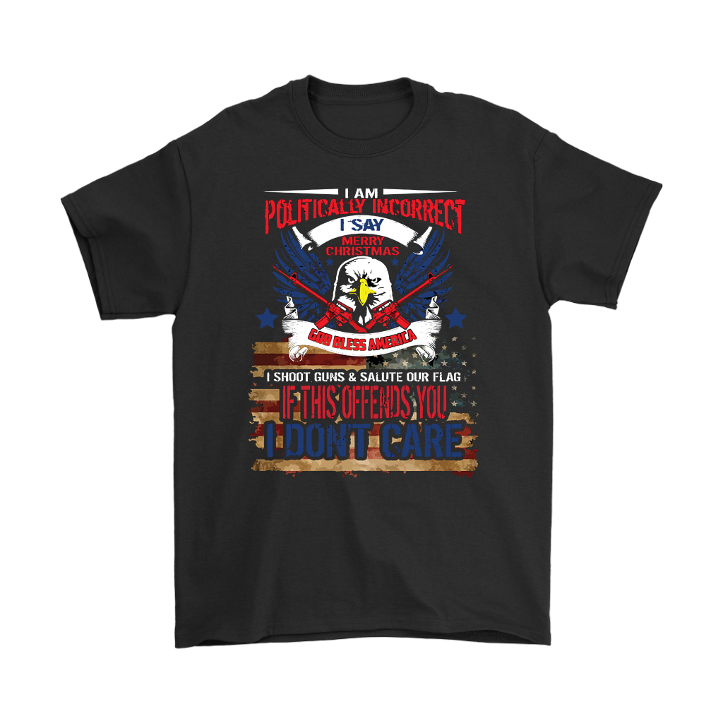 God Bless America Patriotic Christmas Design on black T-shirt with eagle and American flag theme.