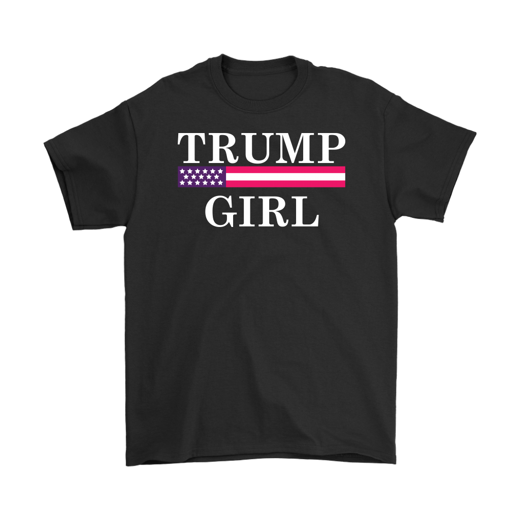 Girl Trump Bold Supporter Graphic Tee Shirt featuring "Trump Girl" design with American flag details on a black shirt.