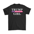 Girl Trump Bold Supporter Graphic Tee Shirt featuring "Trump Girl" design with American flag details on a black shirt.