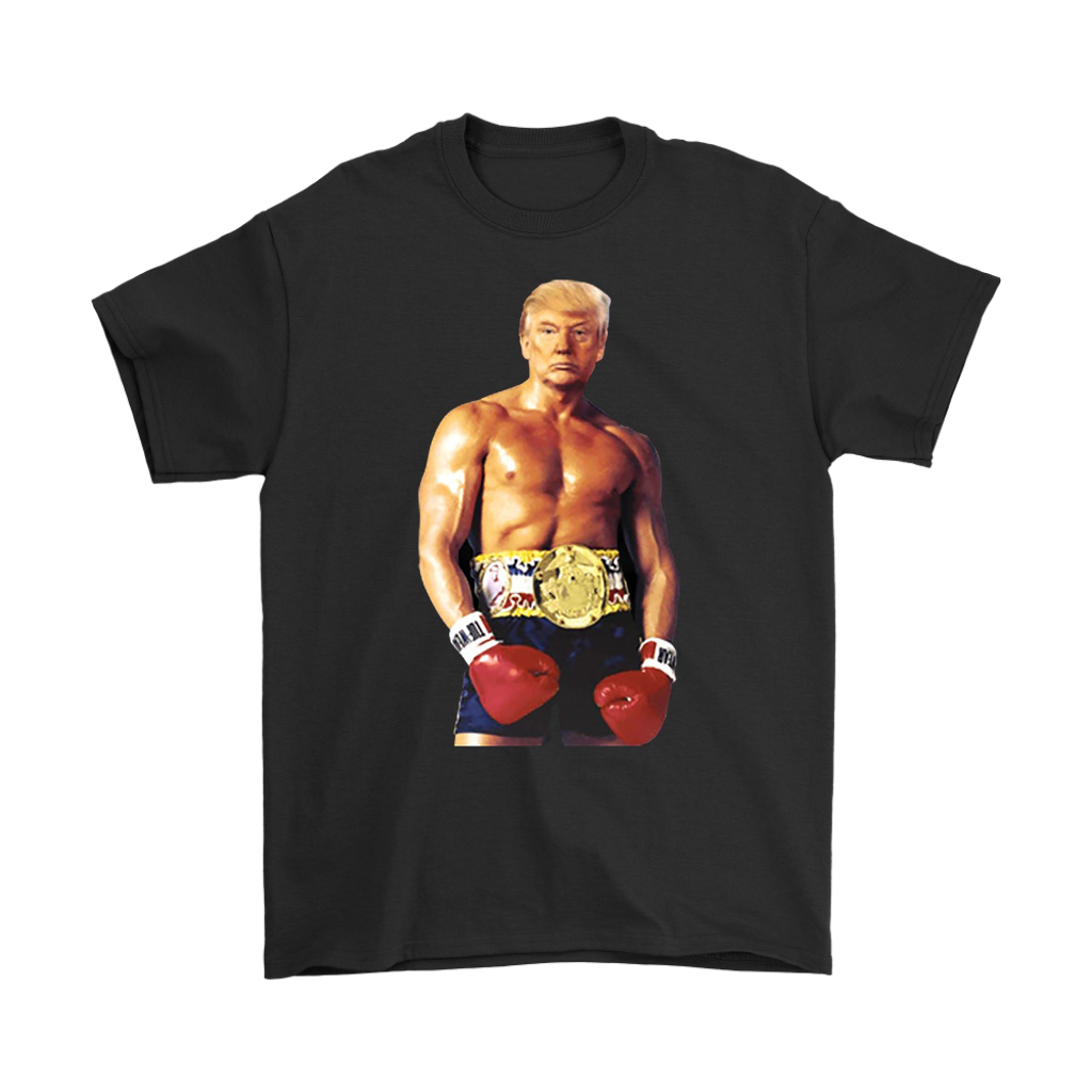 Rocky Boxer Graphic Design Featuring Trump on a black t-shirt, showcasing a bold and triumphant political statement.