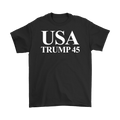 USA 45 Trump Patriotic Supporter Graphic Tee Shirt in black with white text for political and patriotic enthusiasts.