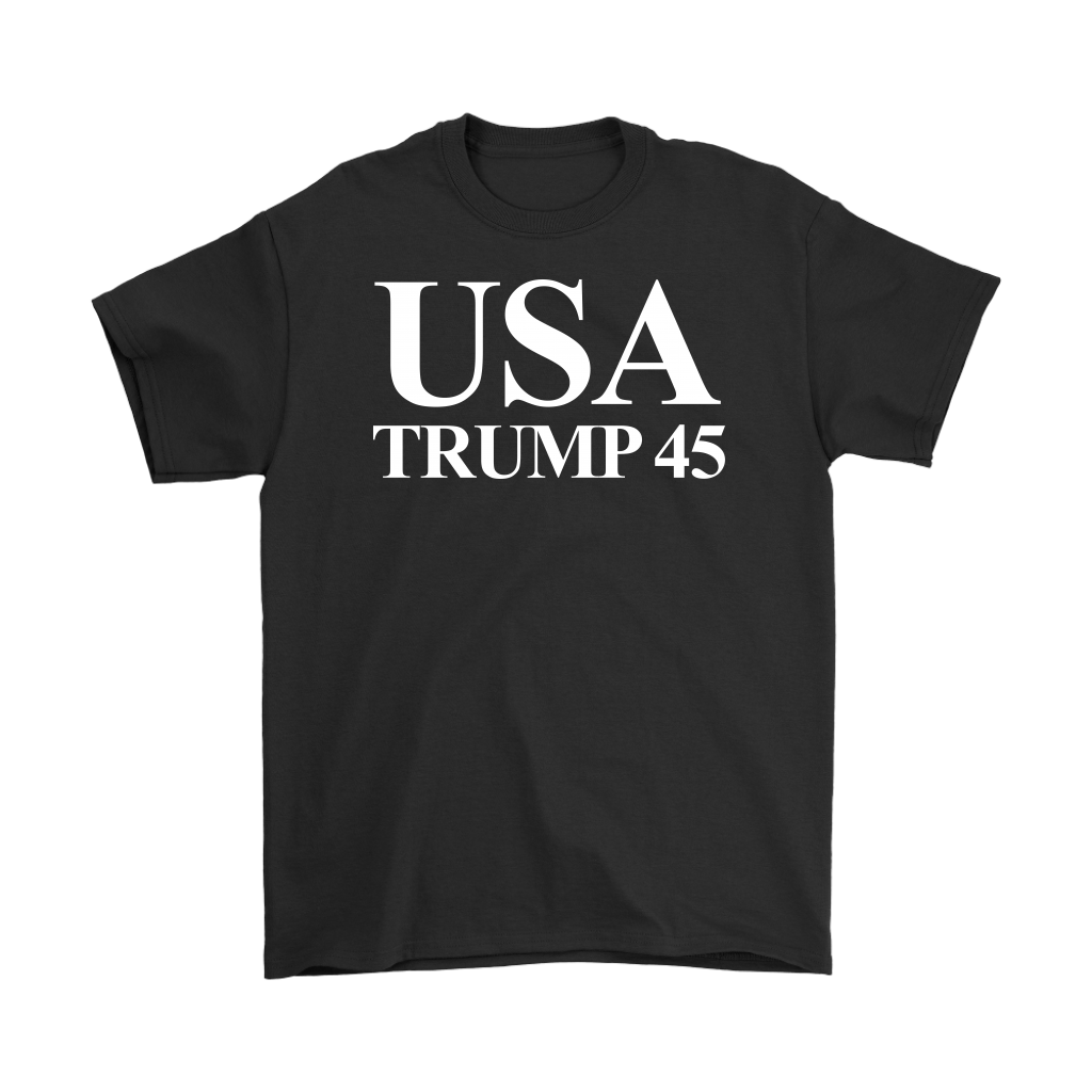 USA 45 Trump Patriotic Supporter Graphic Tee Shirt in black with white text for political and patriotic enthusiasts.