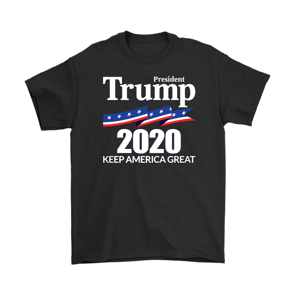 President Trump 2020 Keep America Great black t-shirt with bold political message.