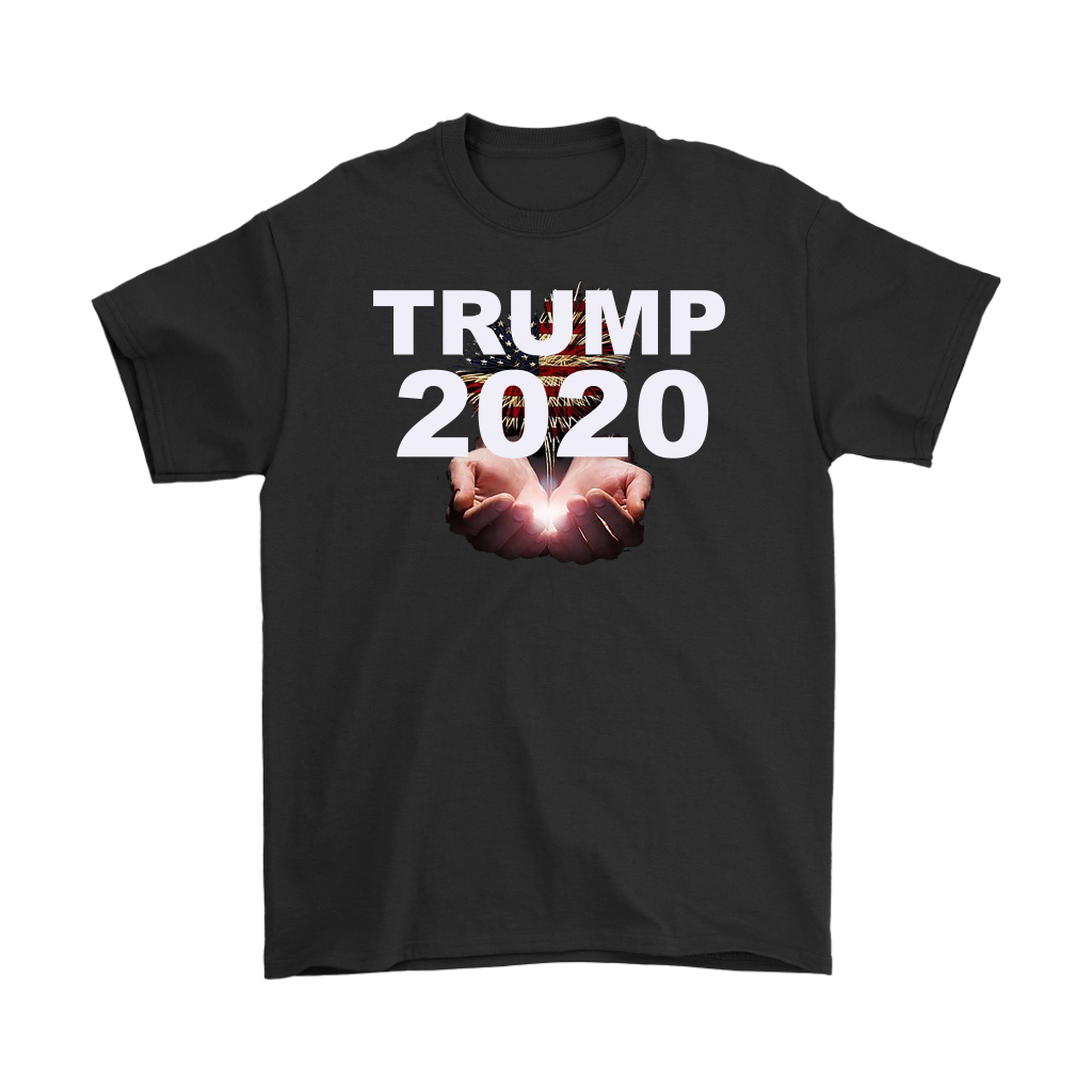 Trump 2020 Heavenly Hands Patriotic Tee featuring raised hands and bold text design.