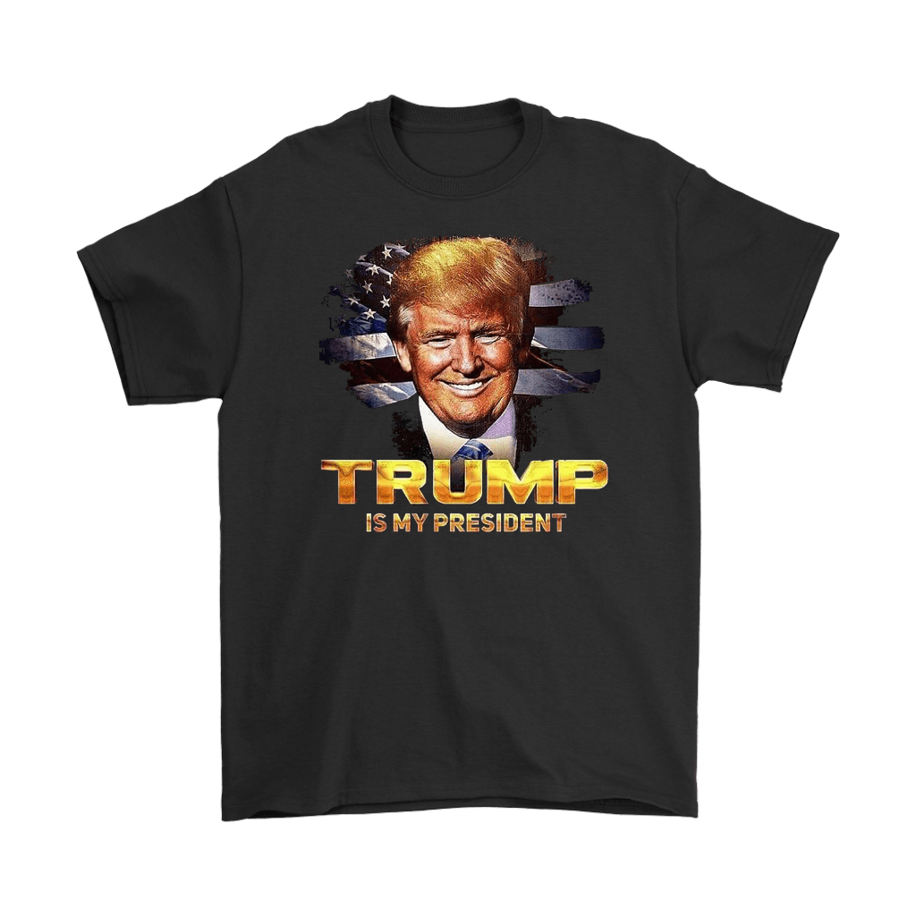 Is My President Trump Patriotic Statement Tee Shirt with bold graphic design featuring a patriotic theme and prominent text.