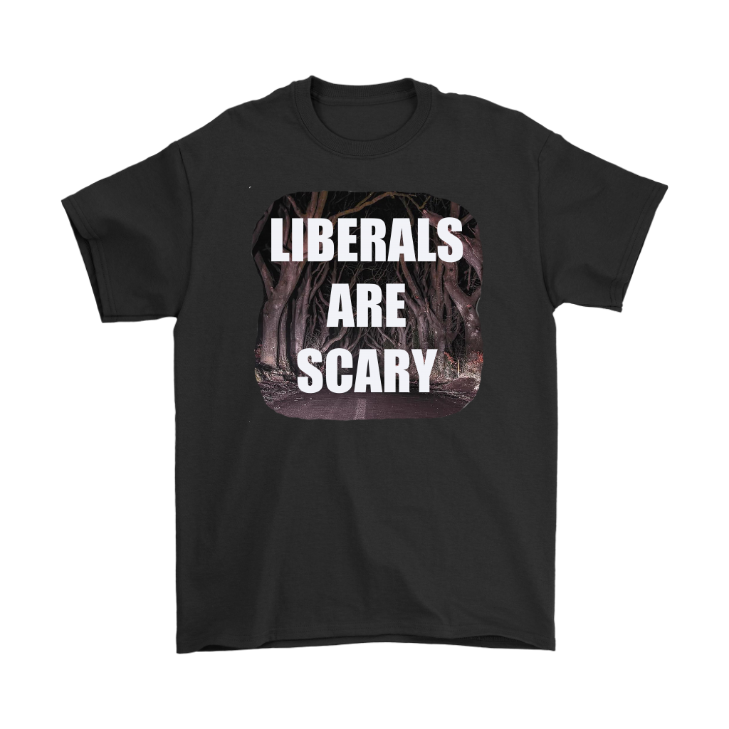 Bold Political Typography Graphic Shirt with "Liberals Are Scary" text, featuring bold, impactful lettering against a dark background.
