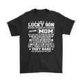 Black Raised by a Freaking Awesome Mom Shirt with bold slogan text