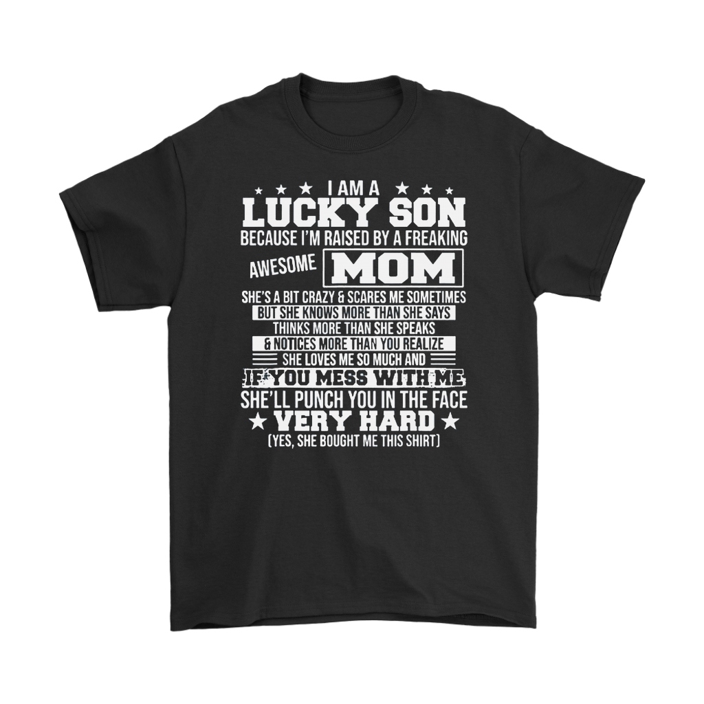 Black Raised by a Freaking Awesome Mom Shirt with bold slogan text