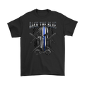 Back The Blue Punisher Thin Blue Line Support Shirt - black tee with skull and American flag design.