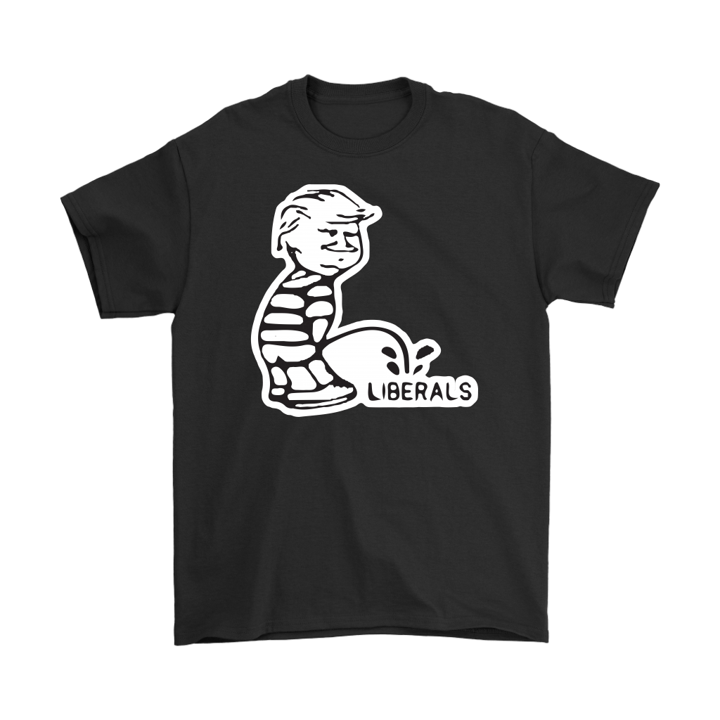 Peeing On Liberals Trump Humor Graphic Tee Shirt in black with satirical design.