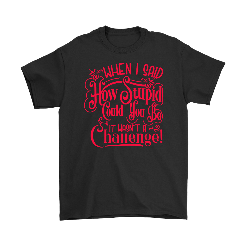 Black t-shirt with red text saying 'When I Said How Stupid Could You Be It Wasn't A Challenge'