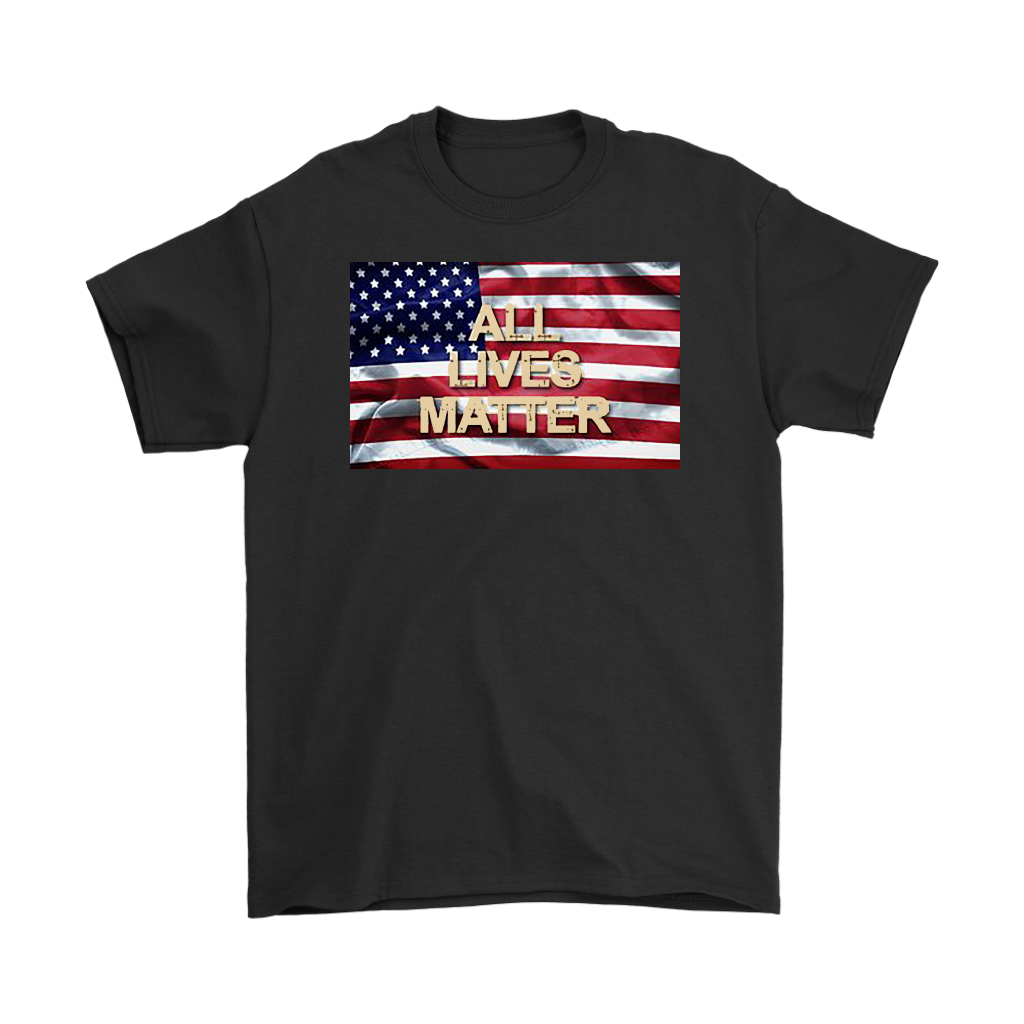 Black t-shirt featuring All Lives Matter on American flag design