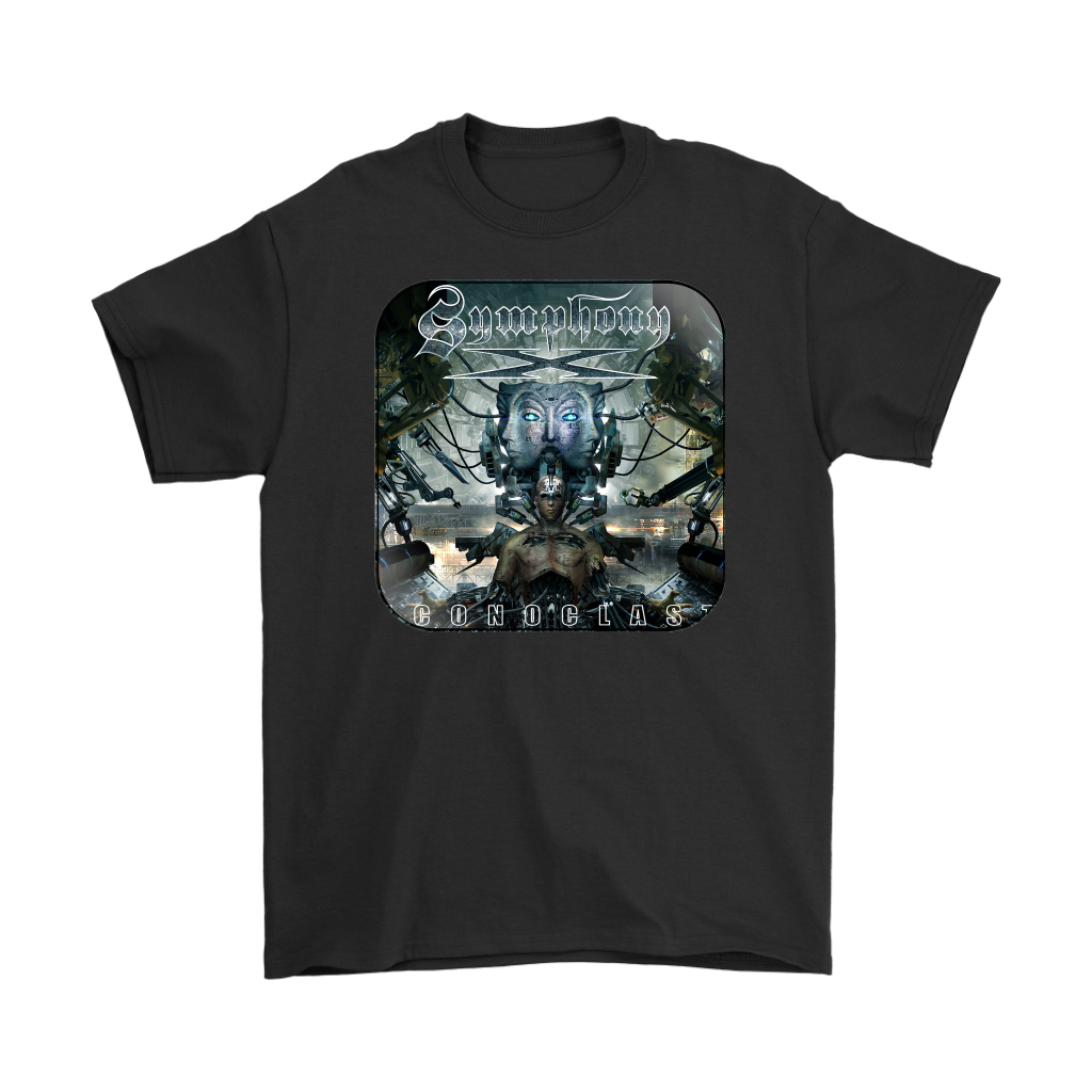 Symphony X Iconoclast Graphic Design on black t-shirt, featuring a cyberpunk-inspired progressive metal aesthetic.